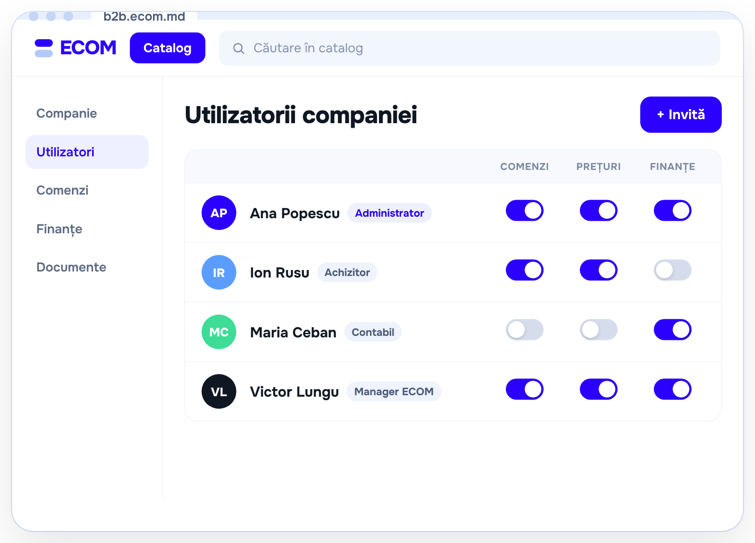 ECOM B2B — Cont B2B cu roluri