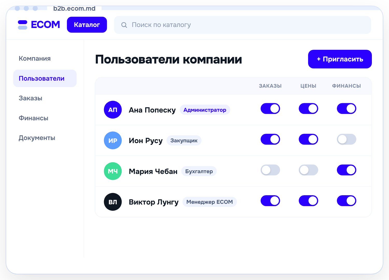 ECOM B2B — B2B-кабинет с ролями