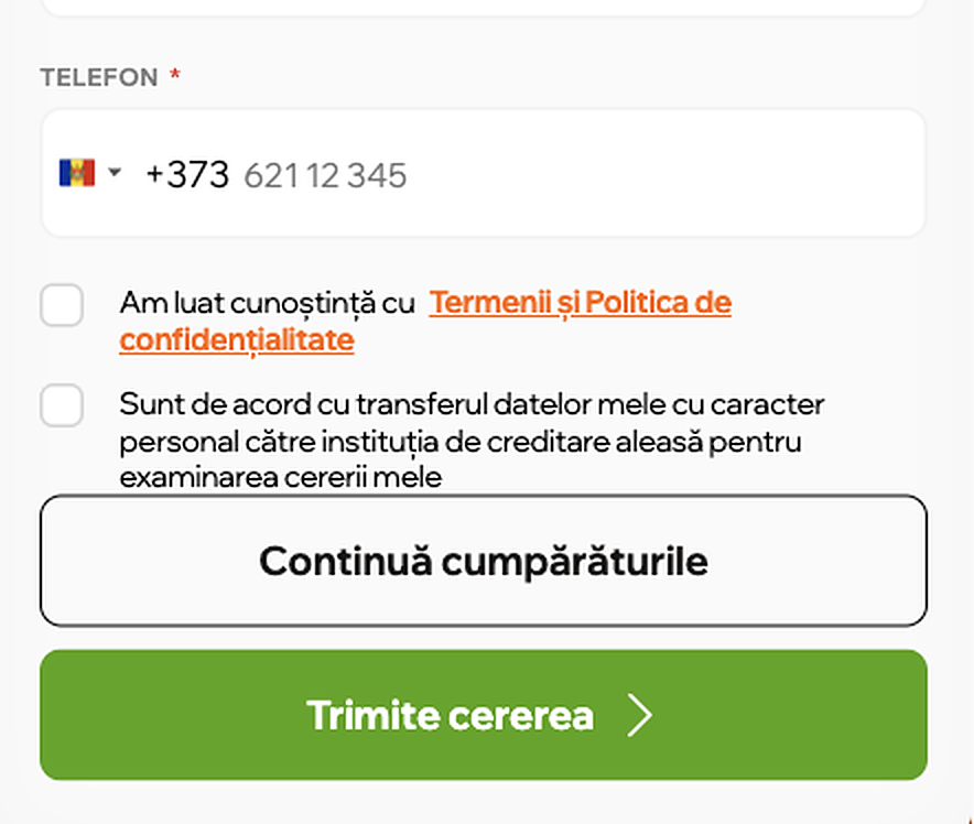 Formular de cerere de credit: două bife separate — luarea la cunoștință a condițiilor și acordul pentru transmiterea datelor către instituția de creditare
