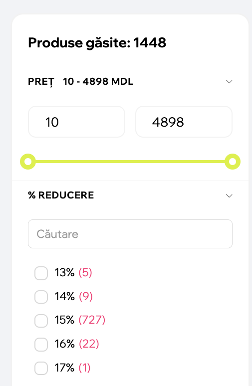 The "% discount" filter on the promo/sale page